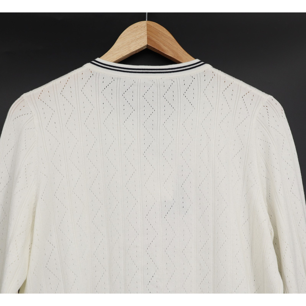 Adrianna Papell NWT Pointelle Sz L Tipped Contrast Knit Cardigan Gold Buttons - Picture 4 of 11
